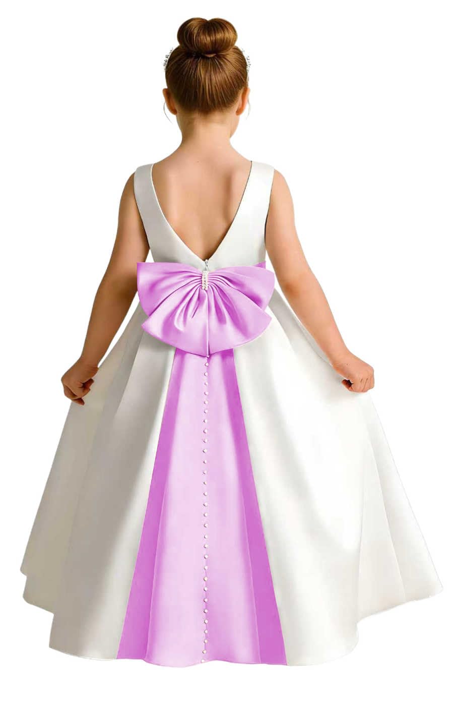 Sleeveless Satin Flower Girl Dress, A-Line Floor Length Gown with Big Bow & Pearl Back, Kids Wedding First Communion Dress