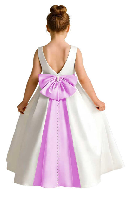 Sleeveless Satin Flower Girl Dress, A-Line Floor Length Gown with Big Bow & Pearl Back, Kids Wedding First Communion Dress