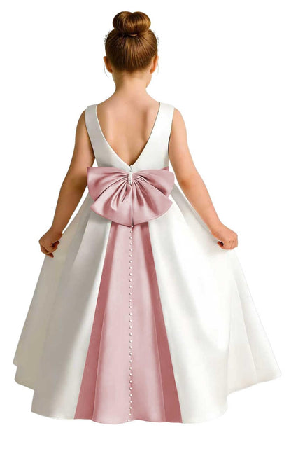 Sleeveless Satin Flower Girl Dress, A-Line Floor Length Gown with Big Bow & Pearl Back, Kids Wedding First Communion Dress