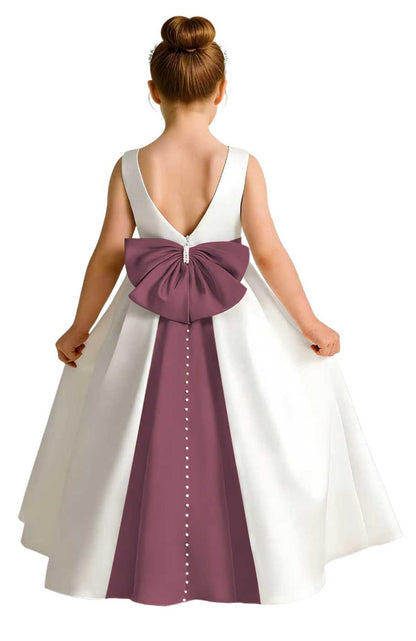 Sleeveless Satin Flower Girl Dress, A-Line Floor Length Gown with Big Bow & Pearl Back, Kids Wedding First Communion Dress