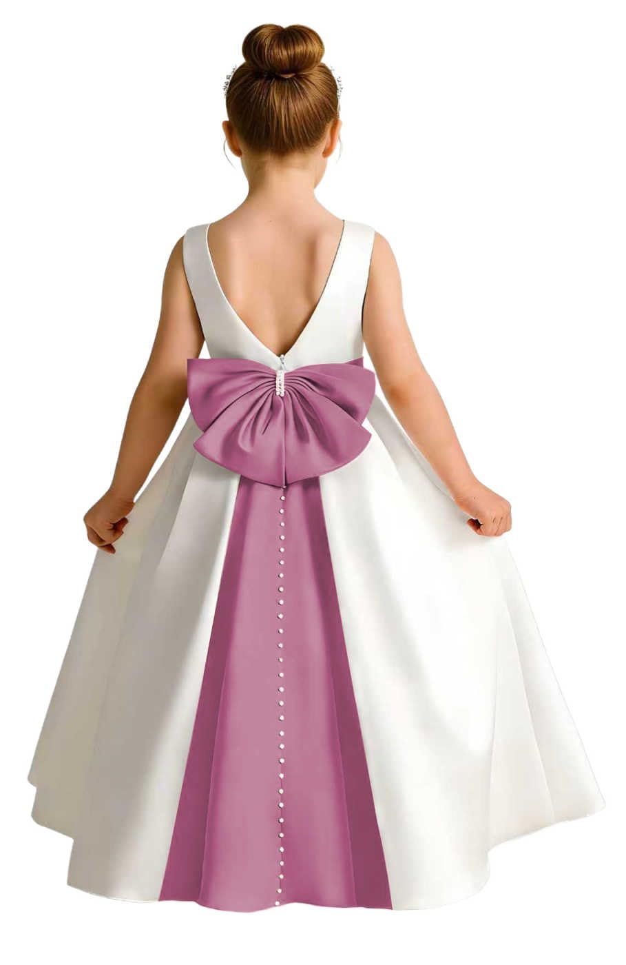 Sleeveless Satin Flower Girl Dress, A-Line Floor Length Gown with Big Bow & Pearl Back, Kids Wedding First Communion Dress