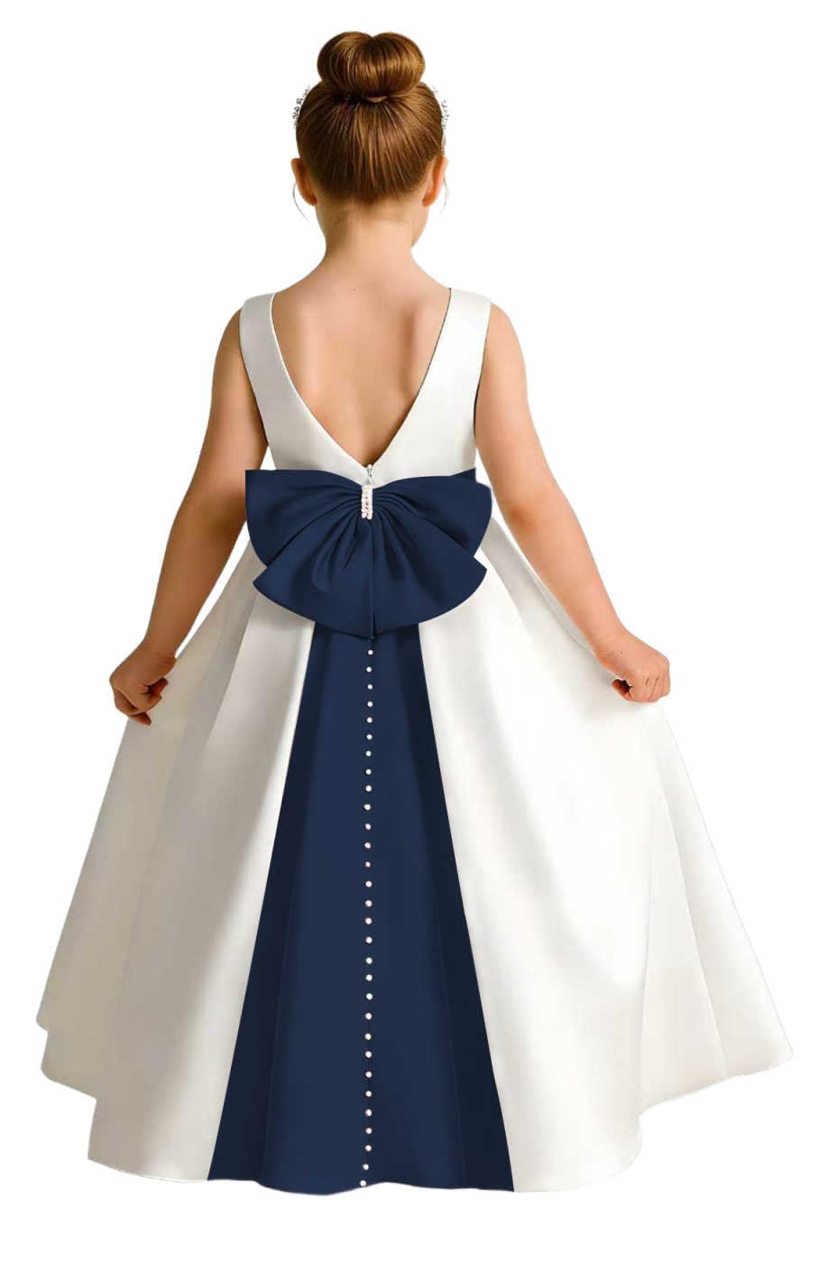 Sleeveless Satin Flower Girl Dress, A-Line Floor Length Gown with Big Bow & Pearl Back, Kids Wedding First Communion Dress