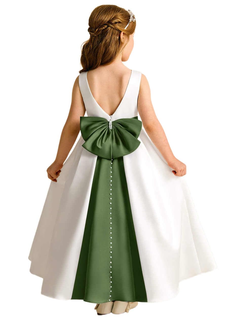 Sleeveless Satin Flower Girl Dress, A-Line Floor Length Gown with Big Bow & Pearl Back, Kids Wedding First Communion Dress