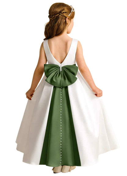 Sleeveless Satin Flower Girl Dress, A-Line Floor Length Gown with Big Bow & Pearl Back, Kids Wedding First Communion Dress