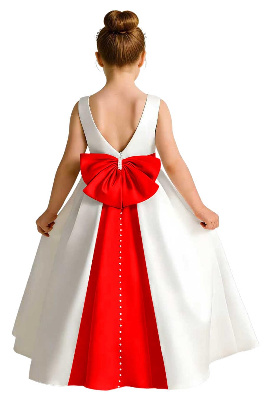 Sleeveless Satin Flower Girl Dress, A-Line Floor Length Gown with Big Bow & Pearl Back, Kids Wedding First Communion Dress