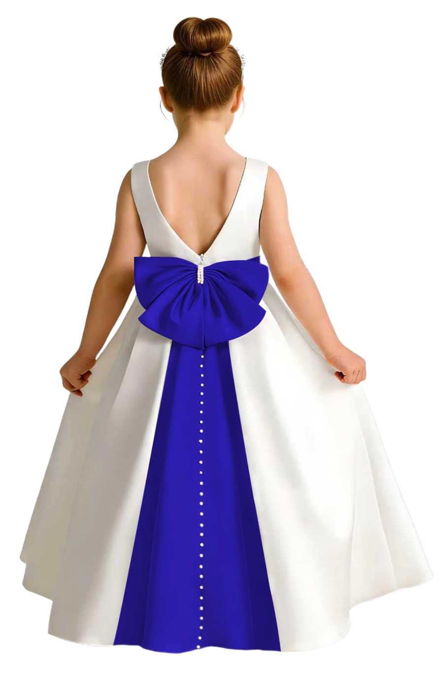 Sleeveless Satin Flower Girl Dress, A-Line Floor Length Gown with Big Bow & Pearl Back, Kids Wedding First Communion Dress
