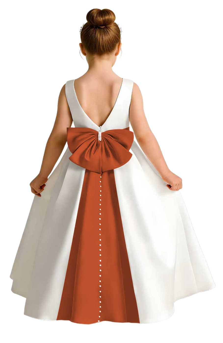 Sleeveless Satin Flower Girl Dress, A-Line Floor Length Gown with Big Bow & Pearl Back, Kids Wedding First Communion Dress