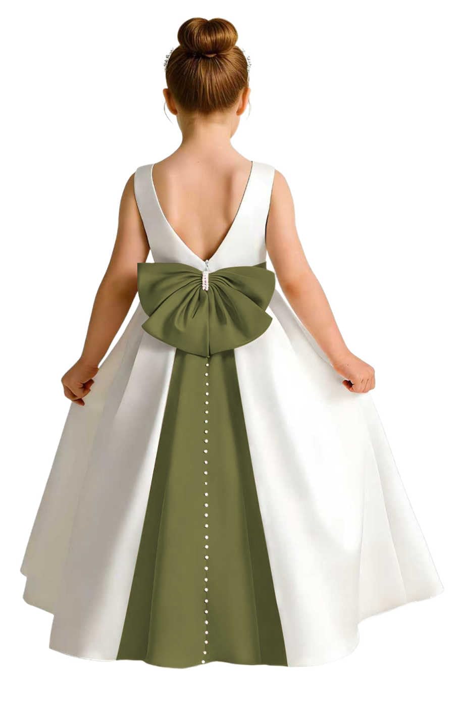 Sleeveless Satin Flower Girl Dress, A-Line Floor Length Gown with Big Bow & Pearl Back, Kids Wedding First Communion Dress