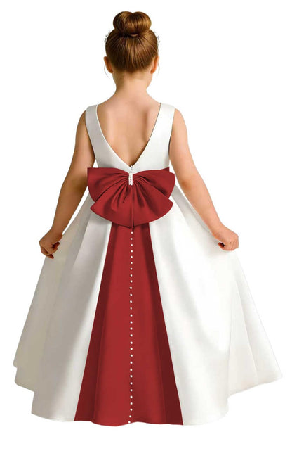 Sleeveless Satin Flower Girl Dress, A-Line Floor Length Gown with Big Bow & Pearl Back, Kids Wedding First Communion Dress