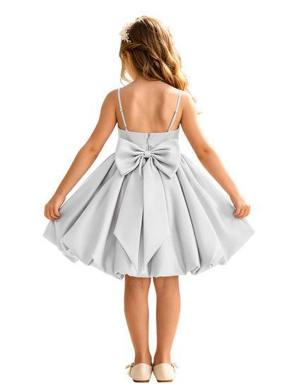 Sage Green Spaghetti Strap Flower Girl Dress, Heavy Satin Bubble Midi Skirt with Big Bow Back, Kids Formal Wedding Party Gown