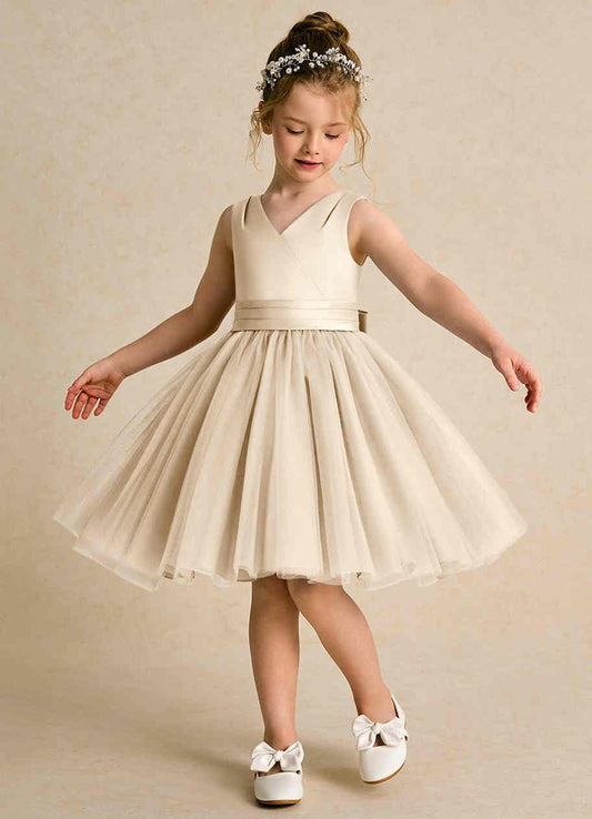 Champagne Flower Girl Dress, Sleeveless V-Neck Satin Bodice Tulle Tutu Gown with Wide Satin Waistband, Short Formal Wedding Party Princess Dress for Little Girls