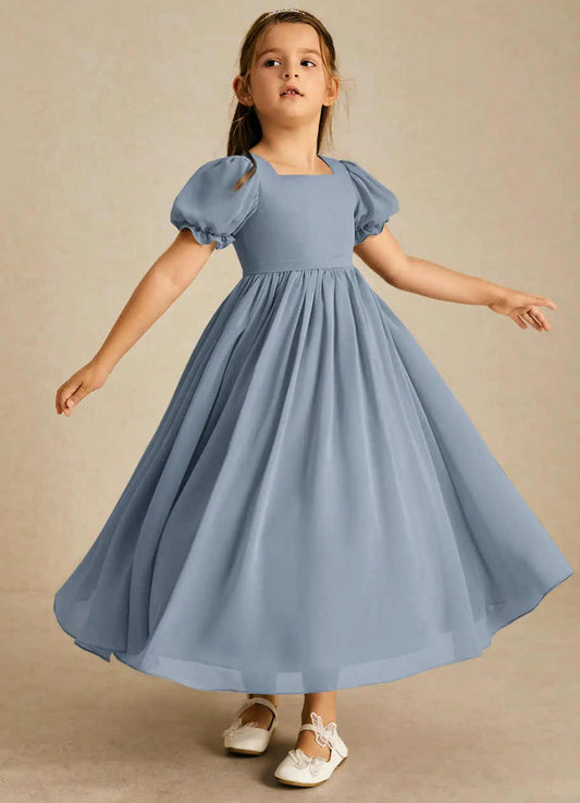 Dusty Blue Chiffon Flower Girl Dress, Square Neck Puff Short Sleeve Midi Princess Gown, Empire Waist Formal Wedding Birthday Dress for Little Girls